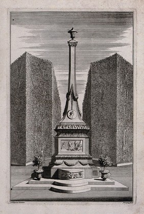 An ornate garden obelisk flanked by potted citrus trees. Etching by J. Goeree after S. Schynvoet, early 18th century.