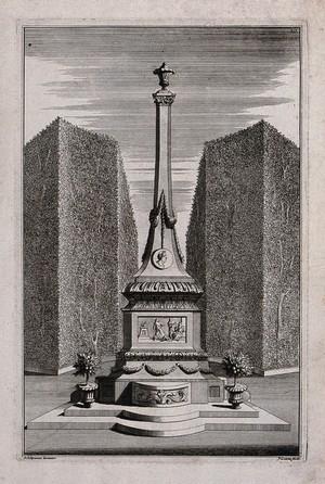 view An ornate garden obelisk flanked by potted citrus trees. Etching by J. Goeree after S. Schynvoet, early 18th century.