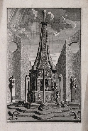 view An ornate garden obelisk with water cascading down its sides. Etching by J. Goeree after S. Schynvoet, early 18th century.