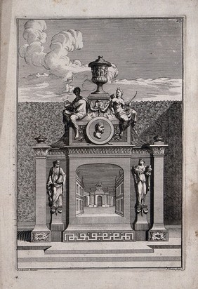 An ornate garden obelisk with a triumphal arch carved on the base. Etching by J. Goeree after S. Schynvoet, early 18th century.