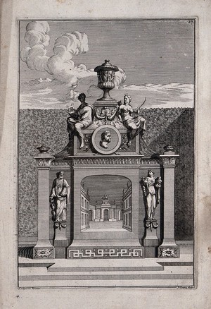 view An ornate garden obelisk with a triumphal arch carved on the base. Etching by J. Goeree after S. Schynvoet, early 18th century.