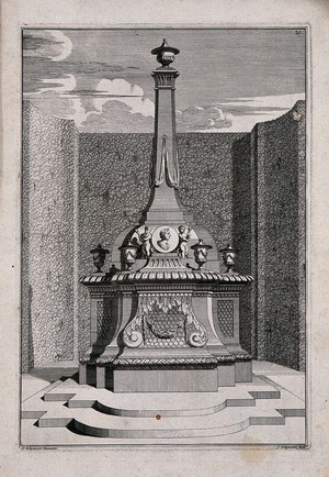 view An ornate garden obelisk decorated with urns and cherubs. Etching by J. Schynvoet after S. Schynvoet, early 18th century.