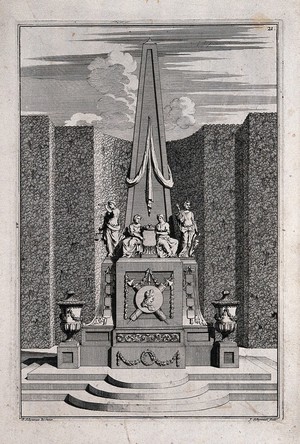 view An ornate garden obelisk decorated with urns and statues. Etching by J. Schynvoet after S. Schynvoet, early 18th century.