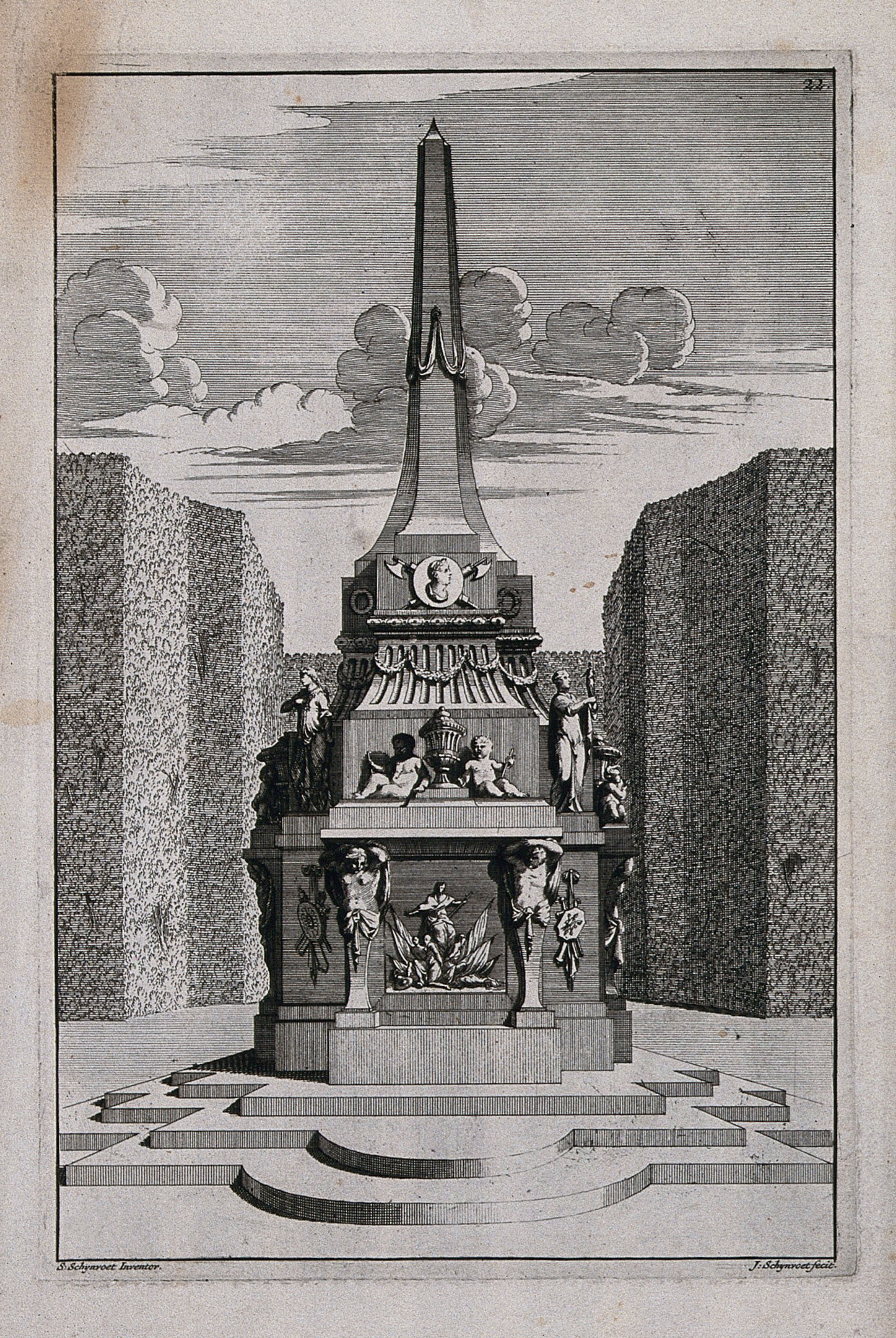 An ornate garden obelisk embellished with statues and urns. Etching by J. Schynvoet after S. Schynvoet, early 18th century.