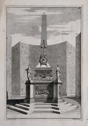 An ornate garden obelisk with a battle scene carved in relief on the base. Etching by J. Schynvoet after S. Schynvoet, early 18th century.