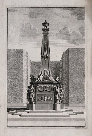 view An ornate garden obelisk with a scene of figures round a large fire carved on the base. Etching by J. Schynvoet after S. Schynvoet, early 18th century.