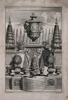 A display of ornate plantpots and a large vase on a pedestal. Etching with engraving by J. Schynvoet, c. 1701, after S. Schynvoet.