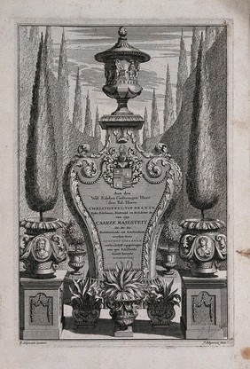 An ornate vase on a large and elaborate pedestal bearing an epitaph to Christoffel van Brants. Etching with engraving by J. Schynvoet, c. 1701, after S. Schynvoet.