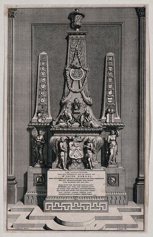 view An ornate sepulchre bearing an inscribed epitaph to Mr. Jacob Boreel. Etching with engraving by J. Goeree, c. 1697, after S. Schynvoet.