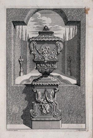 view An ornate vase and pedestal with a bullfight carved on the side, in a classical garden. Etching by J. Schynvoet, c. 1701, after S. Schynvoet.