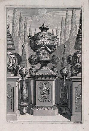 view An ornate vase and pedestal with gardening tools carved on the base, in a classical garden. Etching by J. Schynvoet, c. 1701, after S. Schynvoet.