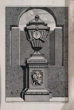 view An ornate vase and pedestal with a man fighting lion carved on the base. Etching by J. Schynvoet, c. 1701, after S. Schynvoet.