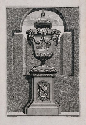An ornate vase and pedestal with crowds round a burning building carved on the side. Etching by J. Schynvoet, c. 1701, after S. Schynvoet.