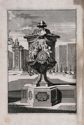 An ornate vase and pedestal with a young soldier courting a woman carved in relief on the side. Etching by J. Schynvoet, c. 1701, after S. Schynvoet.