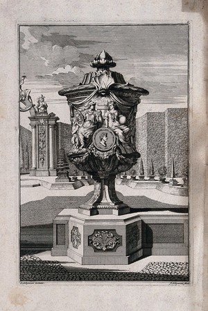 view An ornate vase and pedestal with a young soldier courting a woman carved in relief on the side. Etching by J. Schynvoet, c. 1701, after S. Schynvoet.