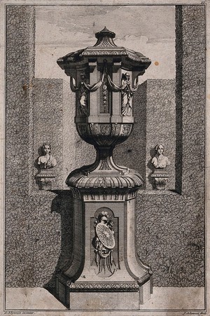 view An ornate vase and pedestal with two women and a chain of medals carved on the side. Etching by J. Schynvoet, c. 1701, after S. Schynvoet.