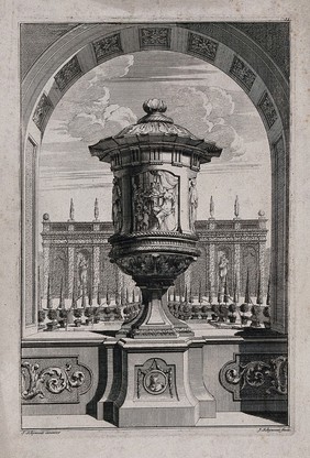 A large, ornate vase with figures partying carved in relief on the side, in a classical garden. Etching by J. Schynvoet, c. 1701, after S. Schynvoet.