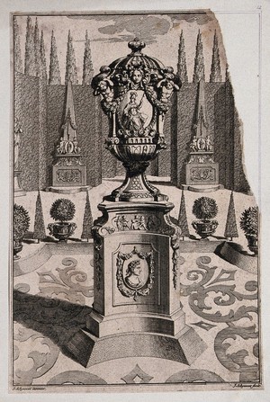 view An ornate vase and pedestal with a warrior carved on the side, in a classical garden. Etching by J. Schynvoet, c. 1701, after S. Schynvoet.