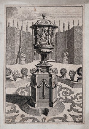 view An ornate vase and pedestal with a lady and her servant carved on the side, in a classical garden. Etching by J. Schynvoet, c. 1701, after S. Schynvoet.