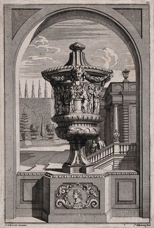 view A large, ornate vase with figures joining hands carved in relief on the side, in a classical garden. Etching by J. Schynvoet, c. 1701, after S. Schynvoet.