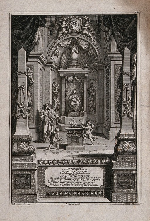 A queen sits on a throne in ornate surroundings, below is an inscription to the wedding of Nicolaas de Vicq and Maria Jacoba van Reit. Etching with engraving by L. Scherm, c. 1701, after J. Goeree after S. Schynvoet.
