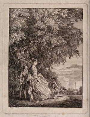 view A lady and two children with a dog under a tree in a country park. Etching by P. Sandby, c. 1752, after himself.