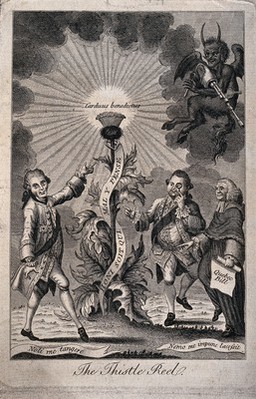 Three noblemen dance round a tall thistle as the devil plays the bagpipes; representing Scottish influence on the British policy towards American independence. Engraving, 1775.