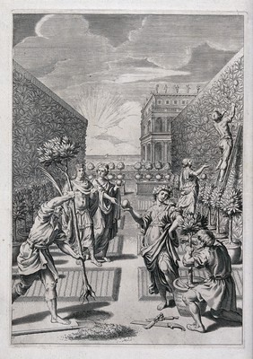 Genoa, with the aid of Arethusa, Alcimus, and Cosmus, introduces the lemon tree into Italy, thanks to the warm air of the Ligurian coast. Engraving by G.F. Greuter after G. Reni.