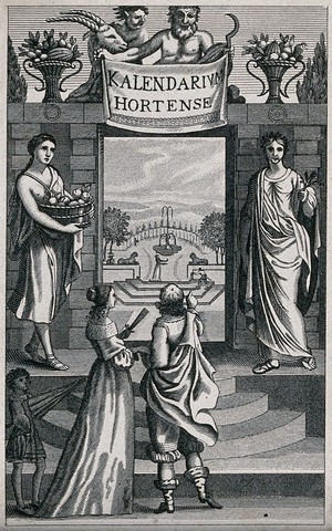 view A nobleman and his wife view their garden through a window under the words "kalendarium hortense". Etching.