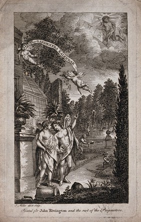 Two cherubim (?) in a garden pointing to the sky from where an angel looks down on the busy gardeners. Etching by J. Miller after himself.