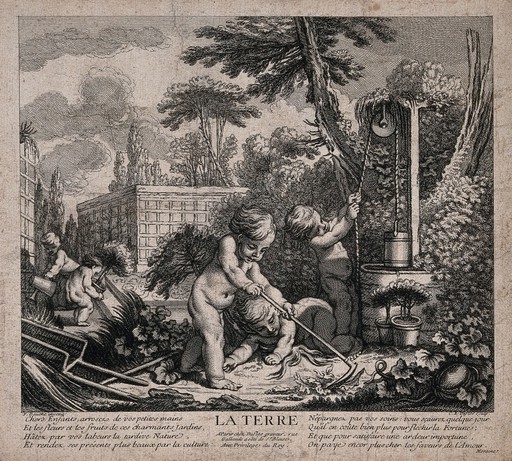 Naked cherubs at work in a garden, one draws water from a well as others clear the soil. Etching by C. Duflos after F. Boucher, 17th century.