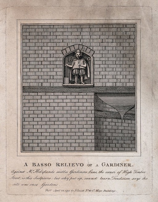 A bas-relief sculpture of a gardener, dated 1670. Line engraving, c. 1791.