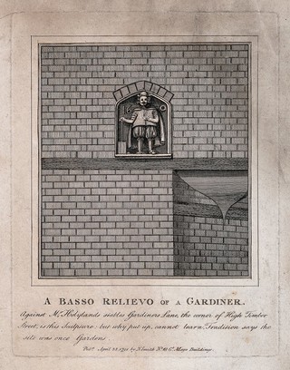 A bas-relief sculpture of a gardener, dated 1670. Line engraving, c. 1791.
