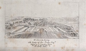 view Wotton house and grounds in Surrey. Etching after J. Evelyn, 1653.