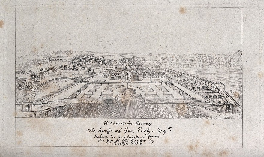 Wotton house and grounds in Surrey. Etching after J. Evelyn, 1653.
