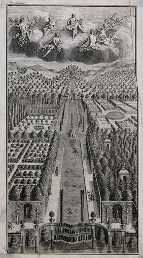 A large renaissance water garden with angels in the clouds above. Etching.