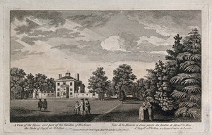 view The house and part of the garden of the Duke of Argyll at Whitton, Middlesex. Etching, 18th century.