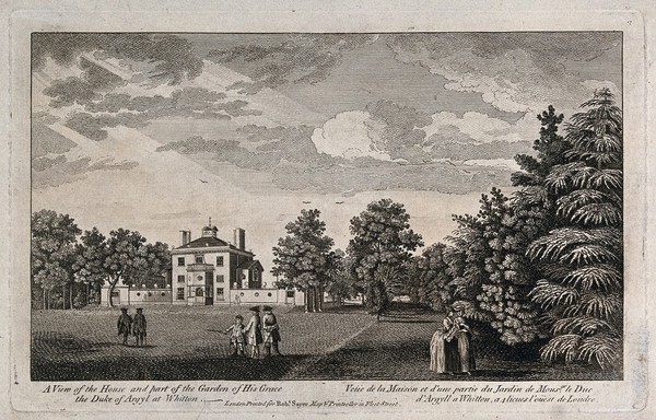 The house and part of the garden of the Duke of Argyll at Whitton, Middlesex. Etching, 18th century.