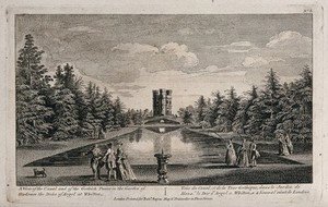 view The canal and Gothic tower in the garden of the Duke of Argyll at Whitton, Middlesex. Etching, 18th century.