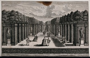 view Fashionable visitors strolling in a garden with statues and elaborate topiary work. Etching, 18th century.