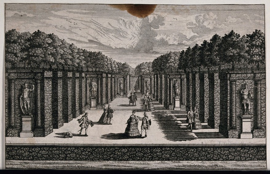 Fashionable visitors strolling in a garden with statues and elaborate topiary work. Etching, 18th century.