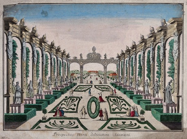 A classical garden with statues and topiary work. Coloured etching.