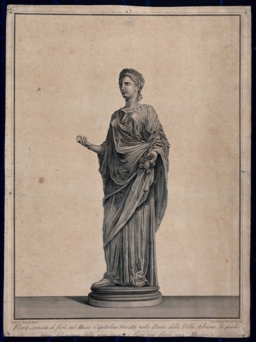 An antique statue of Flora crowned with flowers, from the Villa Adriana. Etching by F. Piranesi, 1784, after L. Corazzari.