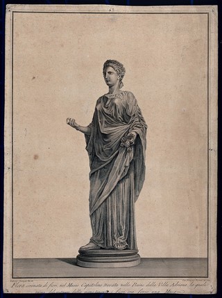 An antique statue of Flora crowned with flowers, from Hadrian's villa at Tivoli. Etching by F. Piranesi, 1784, after L. Corazzari.