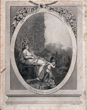 Flora holds the bow and arrows of Cupid while Cupid acts as a gardener. Aquatint with engraving by S. Alken, 1790, after E. Crewe.