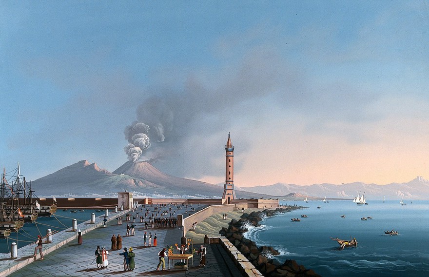 Molo Beverello, Naples, with Mount Vesuvius in the background. Gouache painting, 18--.