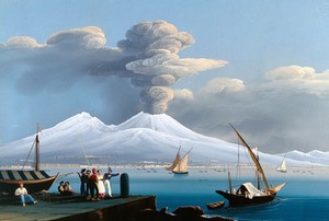 view The bay of Naples with Mount Vesuvius erupting and covered in snow, 6 January 1836. Gouache painting by Mauton, 1836.