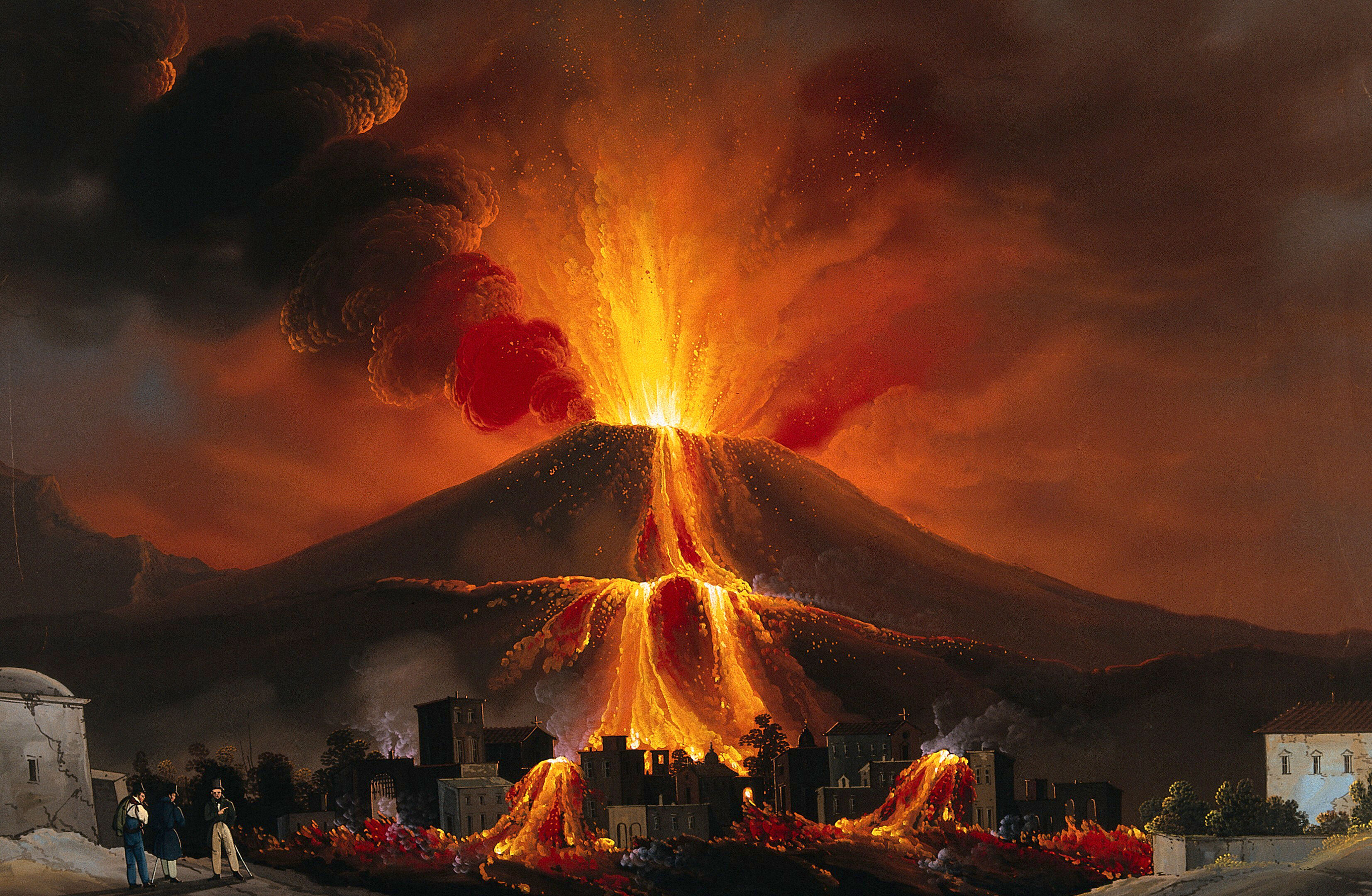 Eruption Of Mount Vesuvius Lava Covering Dwellings Gouache Painting 