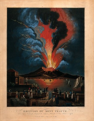 An eruption of Mount Vesuvius at night; people watching the eruption in the foreground. Coloured aquatint by Fr. Weber after A. d'Anna.