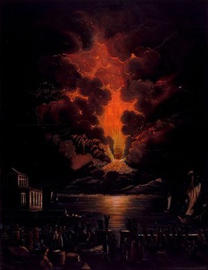 view An eruption of Mount Vesuvius at night; people watching the eruption in the foreground. Coloured aquatint by F. Weber after A. d'Anna.